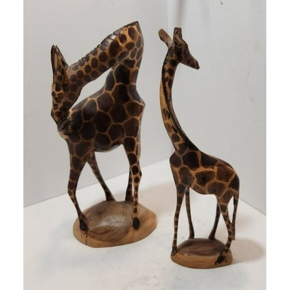 Vtg Besmo Kenya Handcarved Wooden Pair of Giraffe Figurines 12" Tall - Picture 1 of 16
